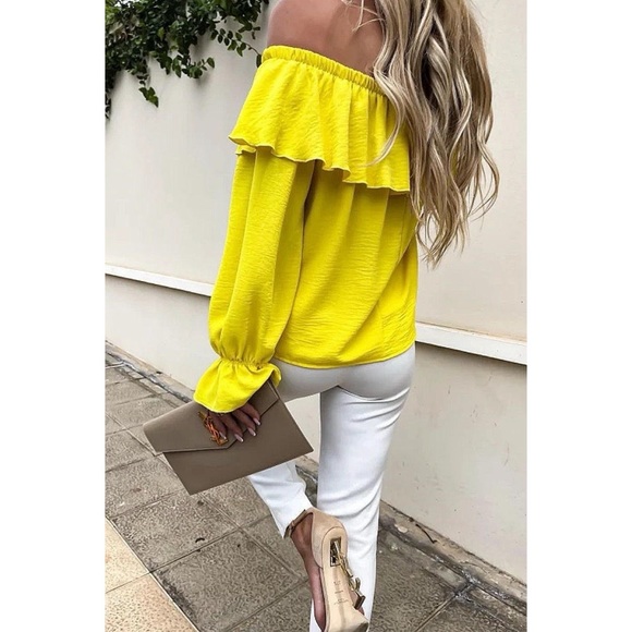 Yellow Long Sleeve Off Shoulder Ruffle Top Blouse - Picture 5 of 10